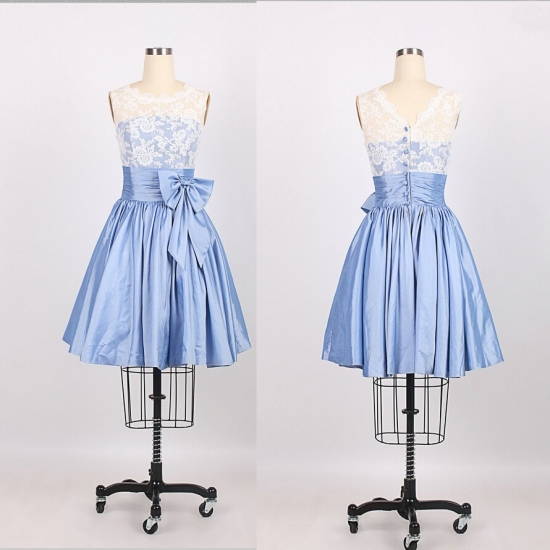 Luxurious A-Line Scoop Knee Length Taffeta Blue Prom/Bridesmaid Dress - Click Image to Close