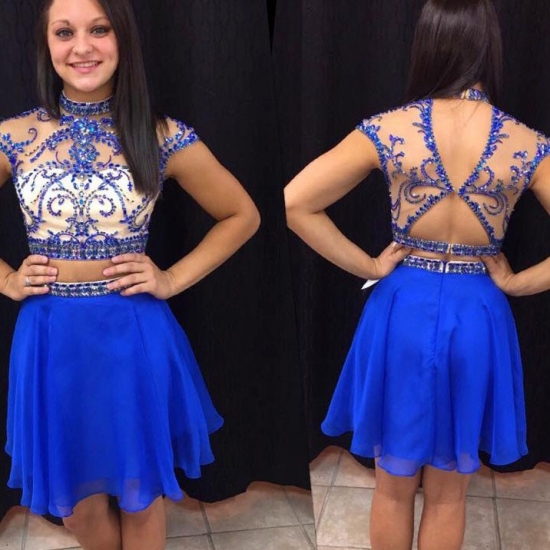 Short/Mini Two piece Chiffon Homecoming Dress - Royal Blue High Neck with Beaded - Click Image to Close