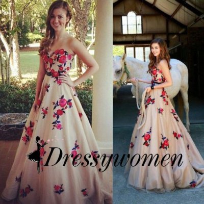 Hot-selling Elegant Long Strapless Princess Printed flowers Graduation/Prom Dress