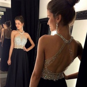 Dignified Prom Dress -Black A-Line Halter Neck Sleeveless with Beading