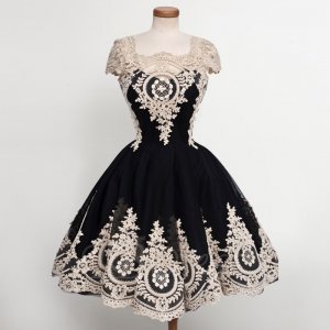 Ball Gown Square Knee-Length Black Tulle Homecoming Dress with Appliques