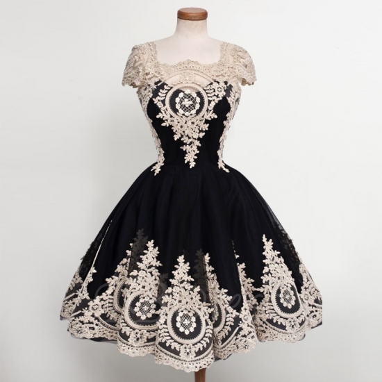 Ball Gown Square Knee-Length Black Tulle Homecoming Dress with Appliques - Click Image to Close