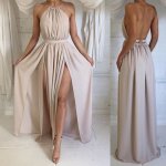 A-Line Halter Backless Champagne Chiffon Prom Dress with Both Sides Split