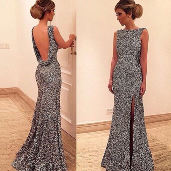 Sexy Floor Length Prom Gown - Dark Silver Backless Scoop Sequins with Split Side - Click Image to Close