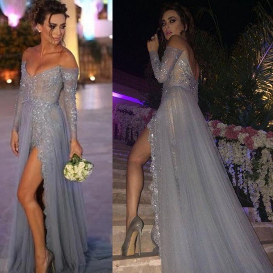 Sexy Women's Prom Dress/Evening Dress - Gray Off-the-Shoulder Tulle with Apppliques - Click Image to Close