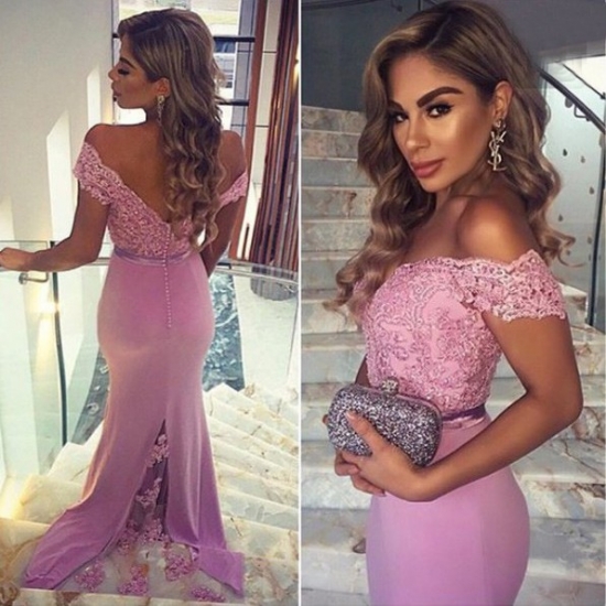Elegant Long Prom Dress - Lilac Mermaid Off-the-Shoulder with Lace - Click Image to Close