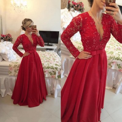 Elegant Long Prom Dress - Red A-Line V-neck with Long Sleeves