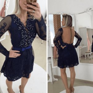Charming Short Prom/Homecoming Dress - Dark Navy Lace with Long Sleeves