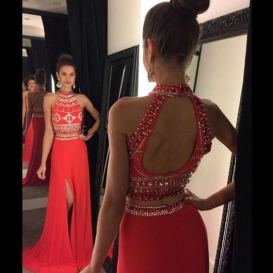 Elegant High Neck Beading Split Red Long Two-pieces Prom Dresses - Click Image to Close