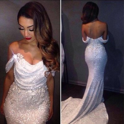 Sexy V-neck Cap Sleeves Sequined With Flowers White Mermaid Prom Dress Sweep Train