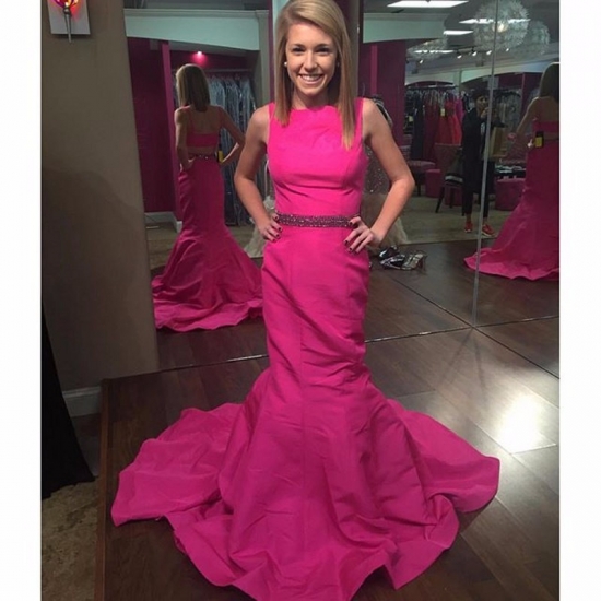 Modern Scoop Fuchsia Long Mermaid Prom Dress Evening Gown With Beading Belt - Click Image to Close