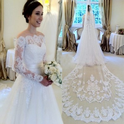 Mild White Lace Wedding Dress Bridal Gown with Long Sleeves