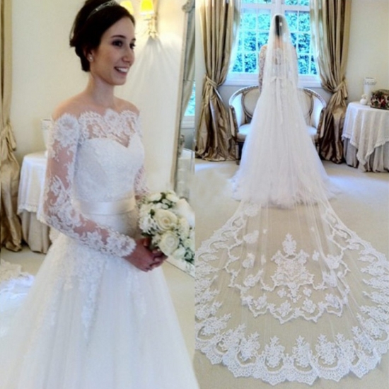 Mild White Lace Wedding Dress Bridal Gown with Long Sleeves - Click Image to Close