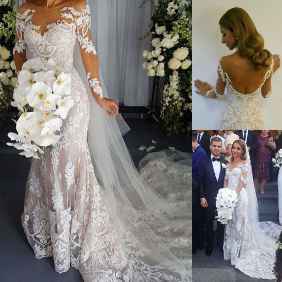 Sexy Scoop Backless Long Sleeves Lace Mermaid Wedding Dresses - Click Image to Close