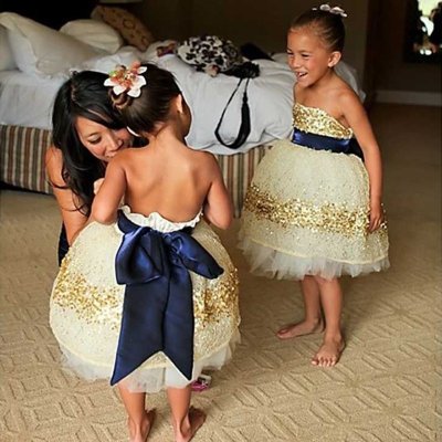 Princess Ball Gown Strapless Flower Girl Dress with Gold Sequins