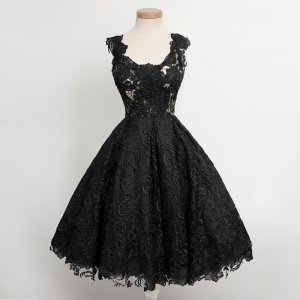 Timeless Scoop Sleeveless Knee-Length Black Lace Homecoming Dress