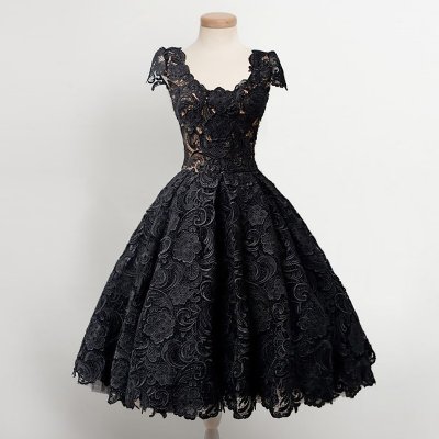 Vintage Scoop Knee-Length Cap Sleeves Black Lace Homecoming Dress