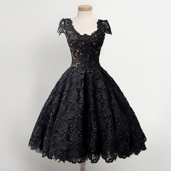 Vintage Scoop Knee-Length Cap Sleeves Black Lace Homecoming Dress - Click Image to Close