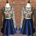 Sexy Jewel Long Sleeves Short Dark Blue Homecoming Dress with Beading