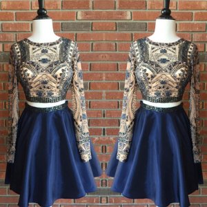 Sexy Jewel Long Sleeves Short Dark Blue Homecoming Dress with Beading
