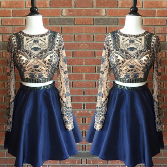 Sexy Jewel Long Sleeves Short Dark Blue Homecoming Dress with Beading - Click Image to Close