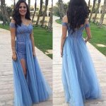 Elegant Off Shoulder Sky Blue Long Prom Dress with Beading