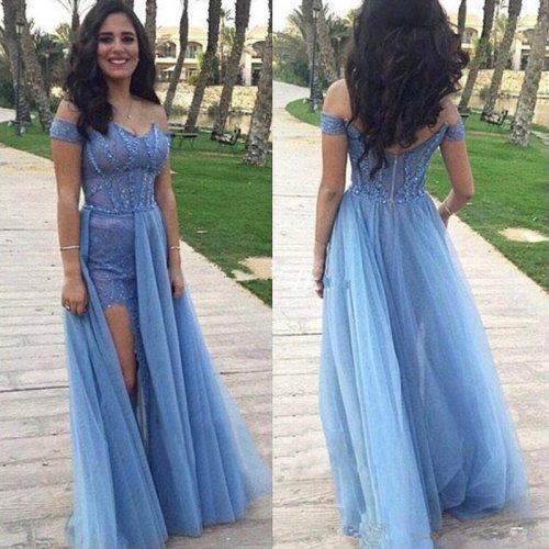 Elegant Off Shoulder Sky Blue Long Prom Dress with Beading