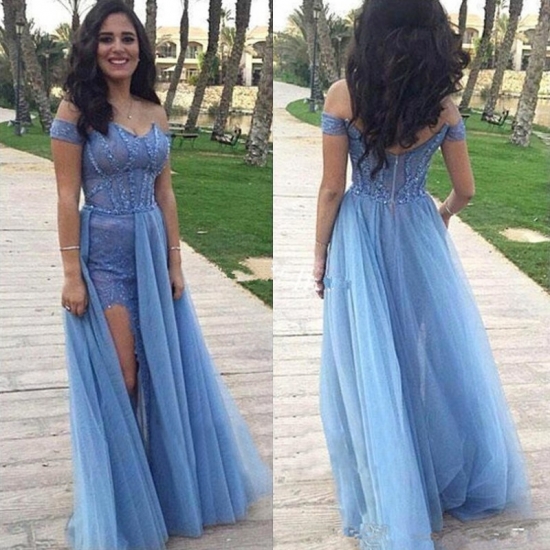 Elegant Off Shoulder Sky Blue Long Prom Dress with Beading - Click Image to Close