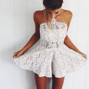 Nectarean Strapless Mini White Lace Homecoming Dress