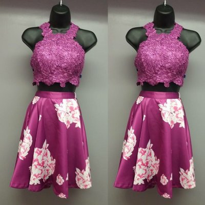 High Quality Two Piece Jewel Sleeveless Knee-Length Fuchsia Floral Homecoming Dress with Appliques
