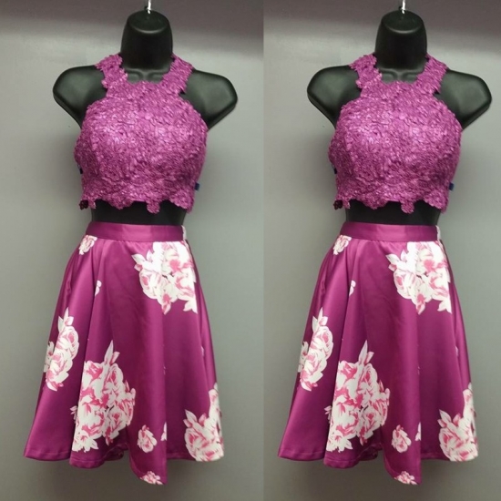 High Quality Two Piece Jewel Sleeveless Knee-Length Fuchsia Floral Homecoming Dress with Appliques - Click Image to Close
