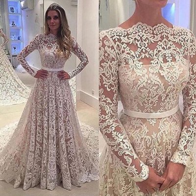 Glamorous A-Line Bateau Long Sleeves Lace Court Train Wedding Dress with Sash