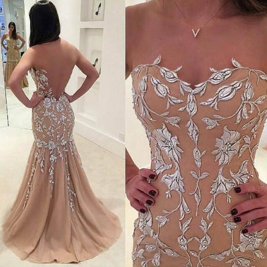 Nectarean Champagne Prom Dress - Illusion Jewel Sweep Train Illusion Back with Appliques - Click Image to Close