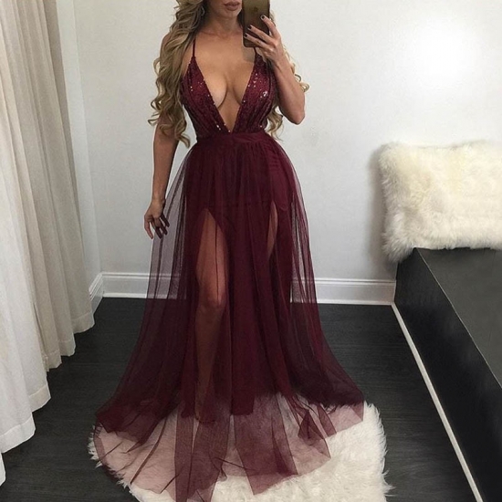 Sexy A-Line Prom Dress - Wine Deep V-Neck Sleeveless Floor-Length Sequins - Click Image to Close