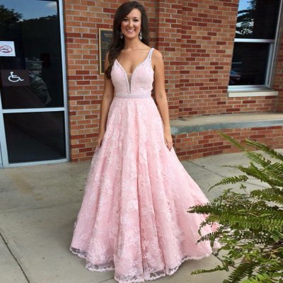 New Arrival Prom Dress - V Neck Sweep Train Lace with Pearls