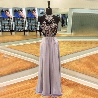 Open Back Lavender Prom Dress - Crew Neck Sleeveless Floor-length with Beading