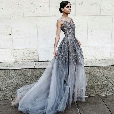 Gorgeous Grey Prom Dress - Jewel Sleeveless Sweep Train with Beading Belt