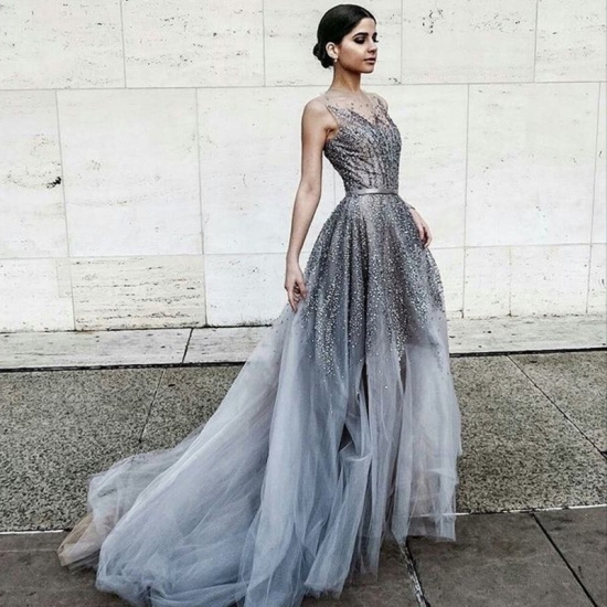Gorgeous Grey Prom Dress - Jewel Sleeveless Sweep Train with Beading Belt - Click Image to Close
