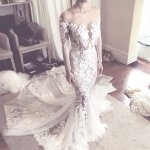 Mermaid Illusion Back Bateau Long Sleeves Court Train Appliques Wedding Dress