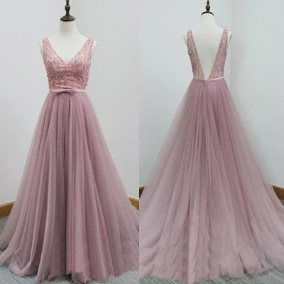 V-neck Sweep Train Backless Prom Dress with Beading Bowknot