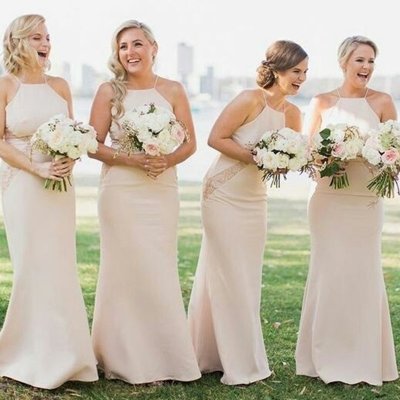 Pearl Pink Sheath Square Floor-Length Bridesmaid Dress with Lace