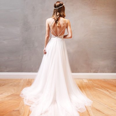 A-line Spaghetti Straps Backless Sweep Train Wedding Dress with Beading Lace