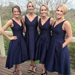 A-Line V-Neck High Low Navy Blue Prom Bridesmaid Dress with Pockets