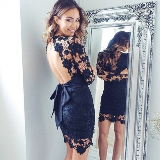 Sheath Navy Blue Short Lace Open Back Homecoming Cocktail Dress with Sash - Click Image to Close