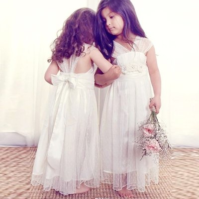 A-line Floor-Length V-neck Cap Sleeves Flower Girl Dress with Bowknot Beading Flowers