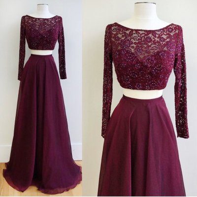Burgundy Two Piece Bateau Long Sleeves Floor-Length Prom Dress with Beading Lace