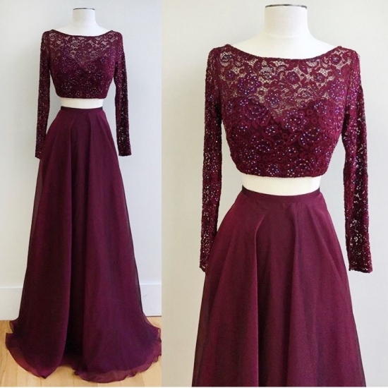 Burgundy Two Piece Bateau Long Sleeves Floor-Length Prom Dress with Beading Lace - Click Image to Close