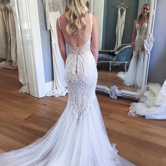 Mermaid Deep V-neck Backless Court Train Wedding Dress with Lace Split - Click Image to Close