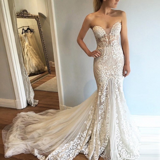 Mermaid Style Sweetheart Court Train Wedding Dress with Lace Appliques - Click Image to Close