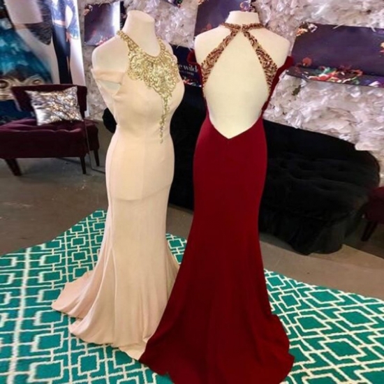 Mermaid Style Open Back Long Jewel Pearl Pink / Burgundy Prom Dress with Beading - Click Image to Close